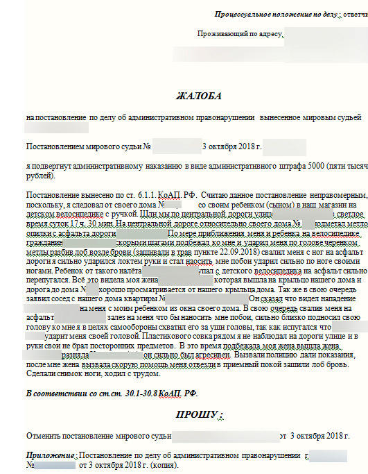 Образец жалобы на постановление мирового суда по административному делу